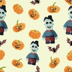 Seamless colorful background made of pumpkin, bat and zombie