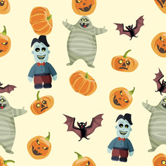 Naklejka premium Seamless colorful background made of pumpkin, bat, mummy and zom
