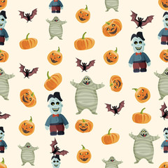 Seamless colorful background made of pumpkin, bat, mummy and zom