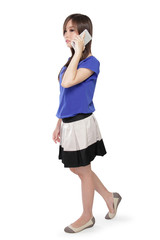 Fototapeta premium Sad Asian girl on phone walking