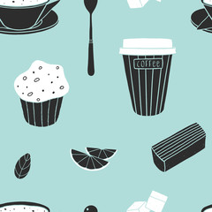 Vector food pattern with coffee cups, oatmeal porridge, muffins, cakes, lemons and spoons. Seamless doodle breakfast background for kitchen and cafes