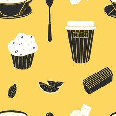 Seamless pattern with breakfast foods. Vector doodle background for kitchen and cafes. Cropped with clipping mask so you can release it and easily edit
