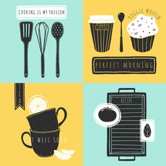 Set of kitchen hand drawn elements. Doodle vector illustrations for kitchen design. Art of cooking