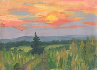 Summer landscape with tree at sunset. Oil painting - 89160385