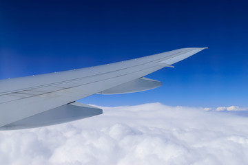 Aircraft wing on the clouds,flying background