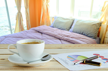coffee cup with bed background