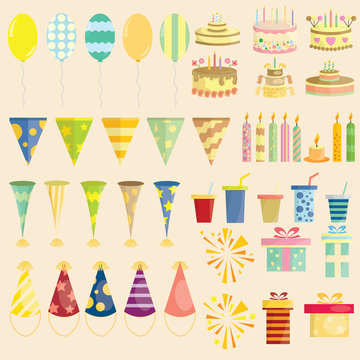 Birthday party balloon, hat, cake and gift flat icon illustration. 