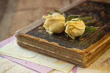 selective focus image of dry rose and old vintage books on wooden table