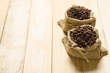 Roasted coffee beans in sack