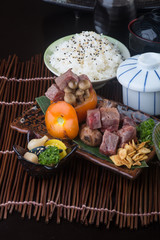 japanese cuisine. beef cube on the background