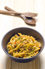 Thai spicy bamboo shoot salad on wooden table background