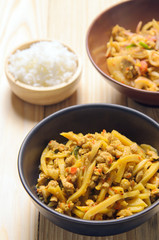 Thai spicy bamboo shoot salad on wooden table background