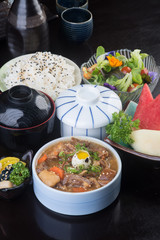 japanese cuisine. beef soup on the background