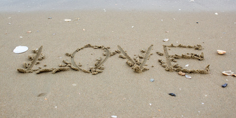 love word on beach with wave