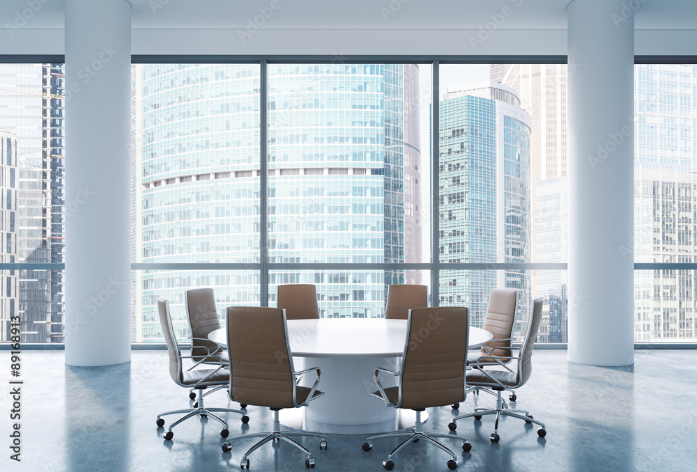 Wall mural panoramic conference room in modern office, moscow international business center view. brown chairs 