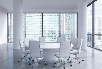 Panoramic conference room in modern office in Moscow, Russia. White chairs and a white round table. 3D rendering.