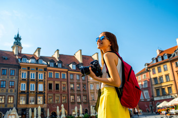 Female traveler in Warsaw's old town