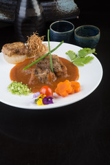 japanese cuisine. beef cube on the background