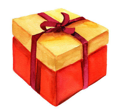 Isolated bright watercolour drawing of a beautiful gift box with a ribbon