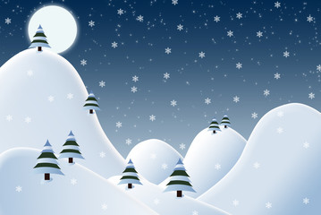 Cheerful snowy winter scene illustration - snow covered night landscape with falling snow and starry sky.
