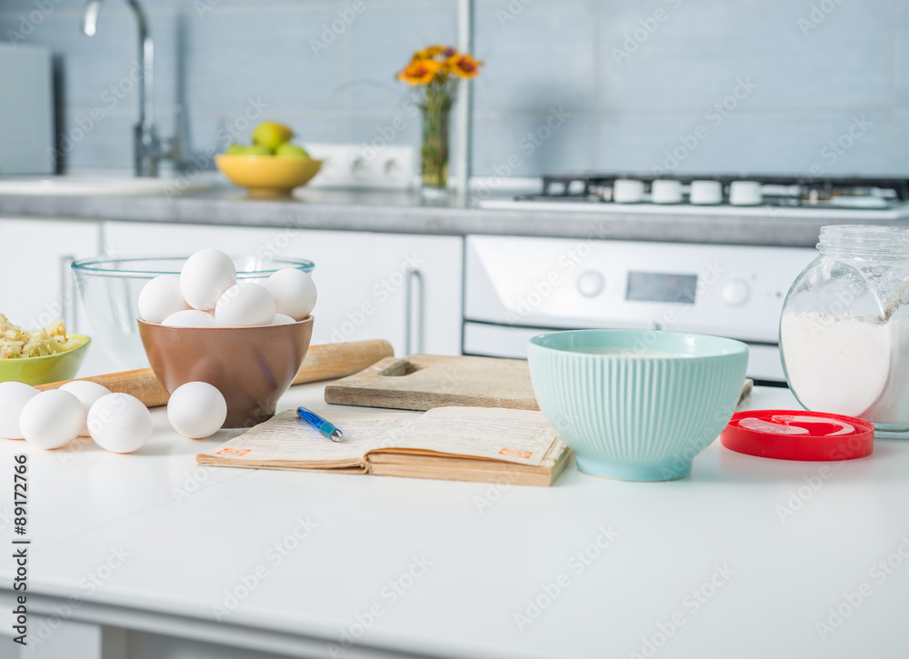 Wall mural ingredients for baking on table