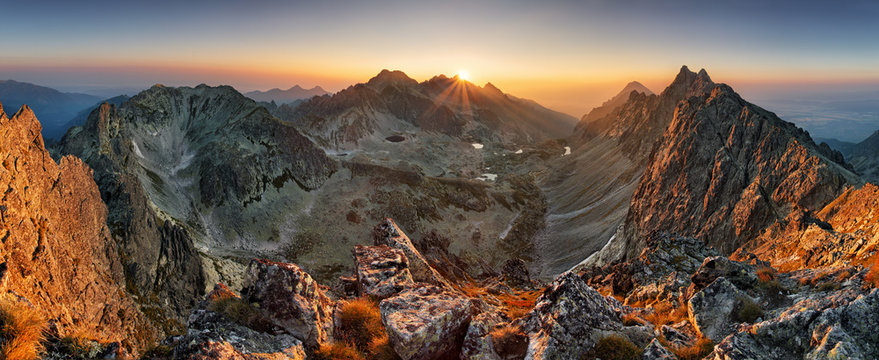 Mountain sunset panorama from peak - Slovakia Tatras
