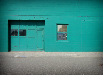 Fototapeta na wymiar green wall with garage door and window