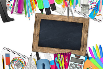 school / office supplies with blackboard on white background 