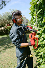 handsome young man gardener trimming hedgerow in park outdoor
