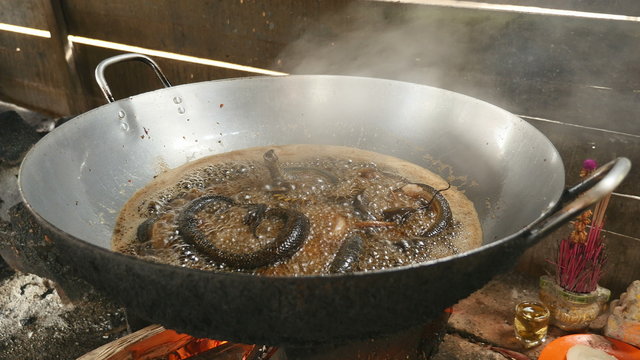 Deep fried small snakes in wok cooking ( close-up )