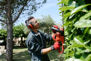 Fototapete Schwarz handsome young man gardener trimming hedgerow in park outdoor  © W PRODUCTION