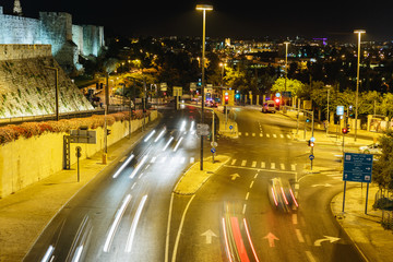 Fototapeta na wymiar Night traffic on Jaffa street in Jerusalem