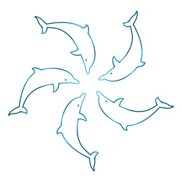 Five blue dolphins in the ring to face each other on a white background