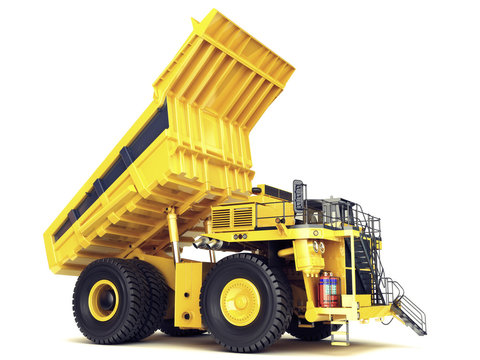 Large industrial construction mining dump truck on an isolated white background.