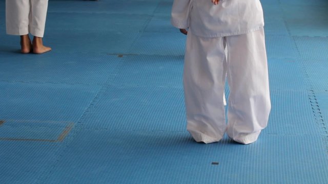 taekwondo kid training in the gym, on blue floor