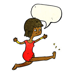 cartoon happy woman kicking with speech bubble