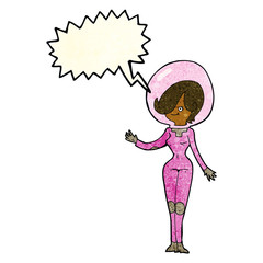 cartoon space woman with speech bubble