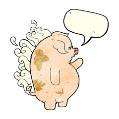 cartoon fat smelly pig with speech bubble