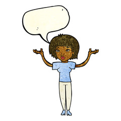 cartoon woman shrugging shoulders with speech bubble