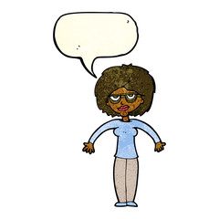 cartoon woman shrugging shoulders with speech bubble