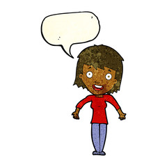 cartoon woman shrugging shoulders with speech bubble