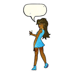 cartoon woman posing in dress with speech bubble