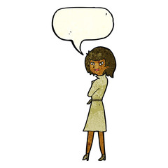 cartoon woman in trench coat with speech bubble