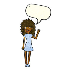 cartoon happy woman waving with speech bubble