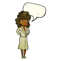 cartoon woman in trench coat with speech bubble