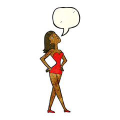 cartoon woman in party dress with speech bubble