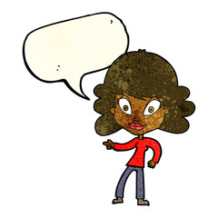 cartoon woman pointing with speech bubble