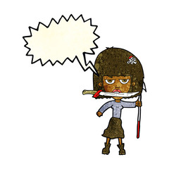 cartoon woman with knife and harpoon with speech bubble