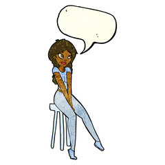 cartoon pretty girl on stool with speech bubble
