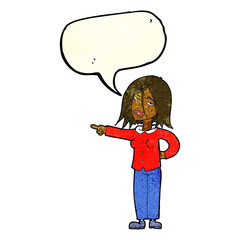 cartoon woman pointing with speech bubble